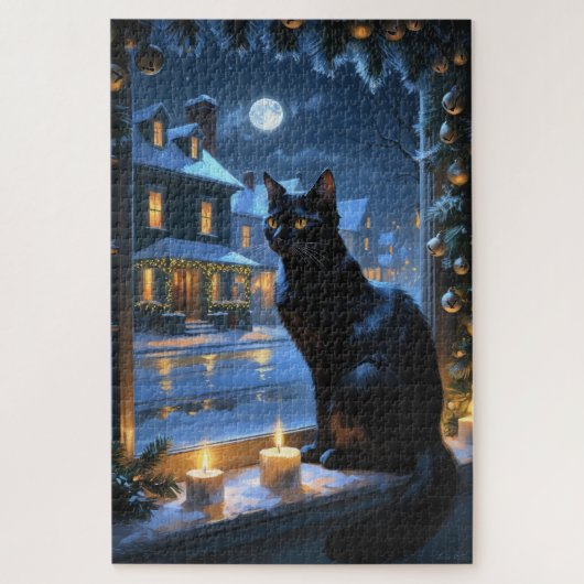 クリスマスイルミネーションの黒猫 ホリデー ジグソーパズル (縦)