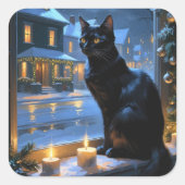 クリスマスイルミネーションの黒猫 ホリデー スクエアシール (正面)