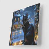 クリスマスイルミネーションの黒猫 ホリデー スクエア壁時計 (傾斜)