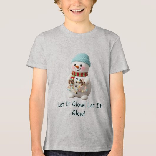クリスマスイルミネーションを持ったぬいぐるみ雪だるま トライブレンドTシャツ (正面)