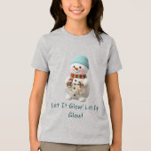 クリスマスイルミネーションを持ったぬいぐるみ雪だるま トライブレンドTシャツ (正面)