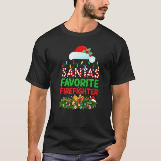 クリスマスイルミネーション サンタの最も愛する消防士 クリスマス Tシャツ (正面)