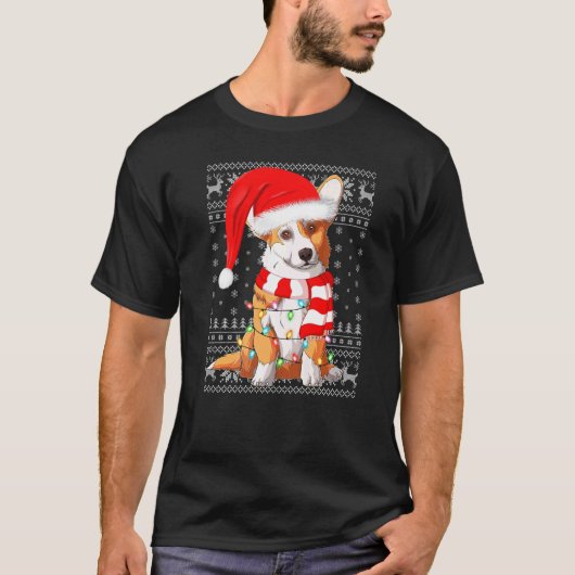 クリスマスイルミネーション サンタ帽子 おもしろコーギー Tシャツ (正面)