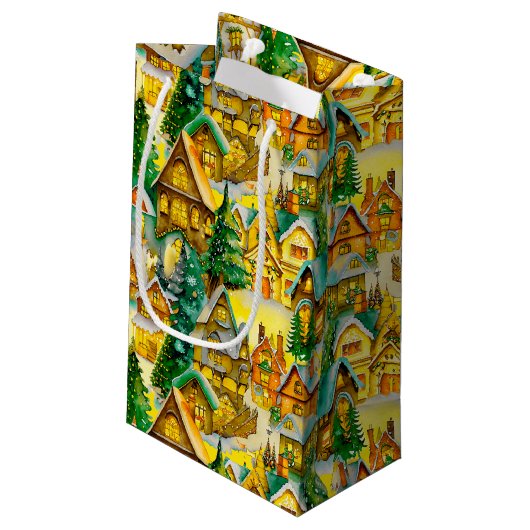 クリスマスインお洒落ヴィレッジウォーターカラーパターン スモールペーパーバッグ (裏面アングル)