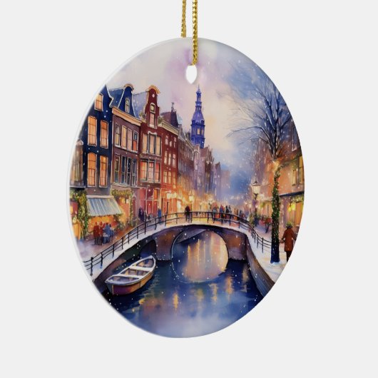 クリスマスインアムステルダムオランダウォーターカラー セラミックオーナメント (右)