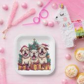 クリスマスイングリッシュブルドッグサンタハット ペーパープレート (パーティー)