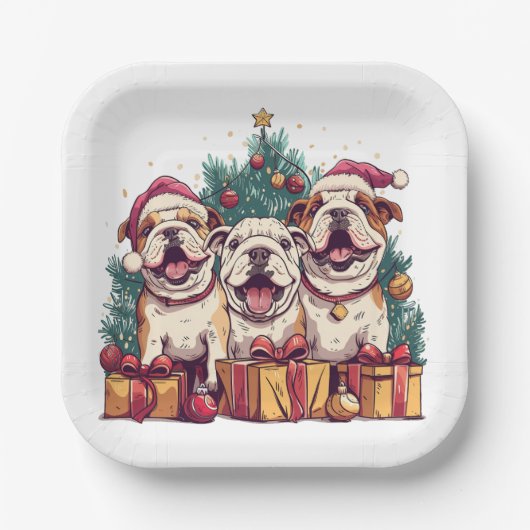 クリスマスイングリッシュブルドッグサンタハット ペーパープレート (正面)