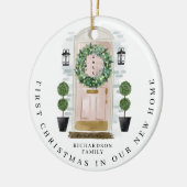 クリスマスインニューホームウォーターカラーピンクドアリース セラミックオーナメント (左)