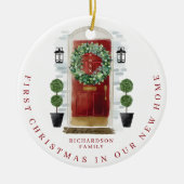 クリスマスインニューホームウォーターカラーレッドドアリース セラミックオーナメント (正面)