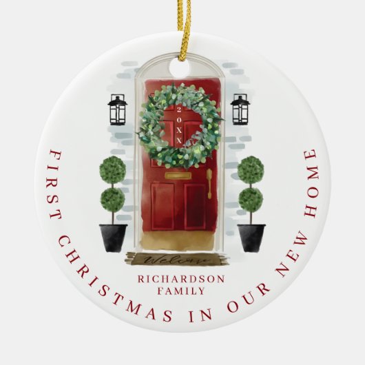 クリスマスインニューホームウォーターカラーレッドドアリース セラミックオーナメント (正面)