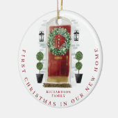 クリスマスインニューホームウォーターカラーレッドドアリース セラミックオーナメント (左)