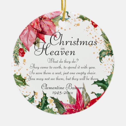 クリスマスイン天国ポインセチア金ゴールドメモリアル写真 セラミックオーナメント (正面)