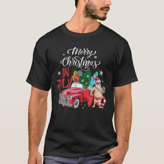 クリスマスイン7月ヴィンテージトラックサンタサーフィン Tシャツ (正面)