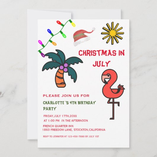 クリスマスイン7月夏パーティーフラミンゴ誕生日 招待状 (正面)