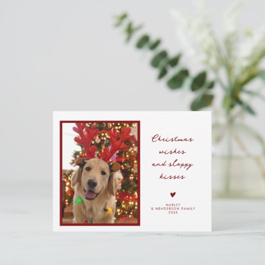 クリスマスウィッシュだらしないキス子犬ペットフォト シーズンポストカード (スタンド正面)