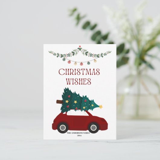 クリスマスウィッシュ赤い車と木の休日はがき シーズンポストカード (スタンド正面)