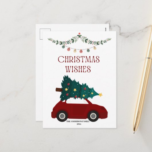 クリスマスウィッシュ赤い車と木の休日はがき シーズンポストカード (正面/裏面インサイチュ)