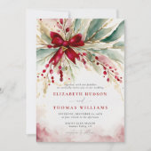 クリスマスウィンターの緑の赤い素朴ボウ結婚ズ 招待状 (正面)