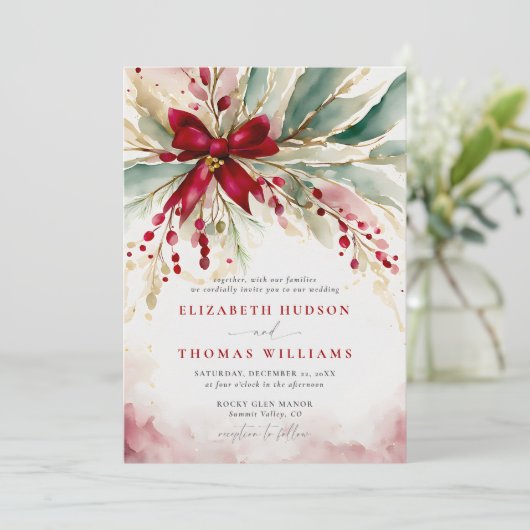 クリスマスウィンターの緑の赤い素朴ボウ結婚ズ 招待状 (スタンド正面)