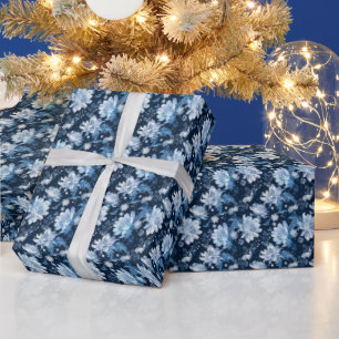 クリスマスウィンターの青い花 ラッピングペーパー