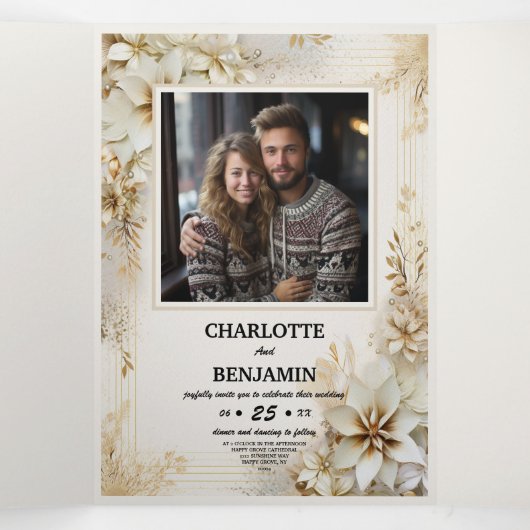 クリスマスウィンターアイボリーベージュミニマルパーソナライズされた 三つ折り招待状 (内部中)