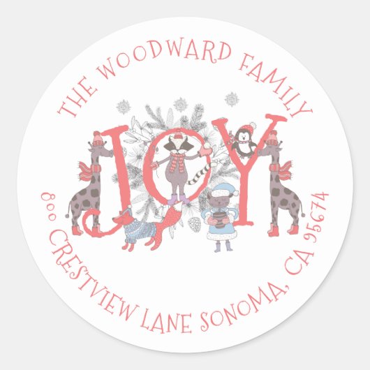 クリスマスウィンターアニマルズクラシックホリデーラウンドスティ ラウンドシール (正面)