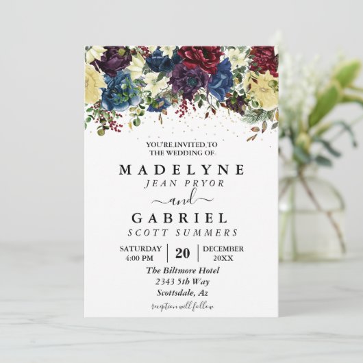 クリスマスウィンターウェディングウォーターカラーフローラ 招待状 (スタンド正面)