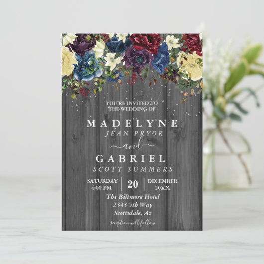 クリスマスウィンターウェディングウォーターカラー素朴フローラ 招待状 (スタンド正面)