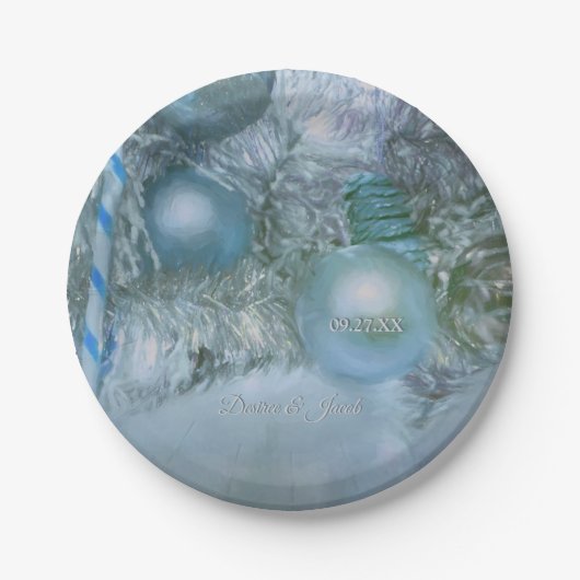 クリスマスウィンターウエディングオーナメントブルーティール（緑がかった色）ツリー ペーパープレート (正面)