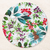 クリスマスウィンターウッド自然ホリーベリーピネコーン ラウンドペーパーコースター (正面)