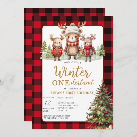 クリスマスウィンターオネダーランドアニマル誕生日プレイド 招待状 (正面/裏面)