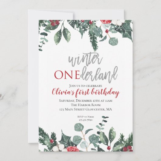 クリスマスウィンターオネダーランドファースト誕生日 招待状 (正面)