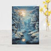 クリスマスウィンターカントリーフォレストリバーフルムーン カード (黄色い花)