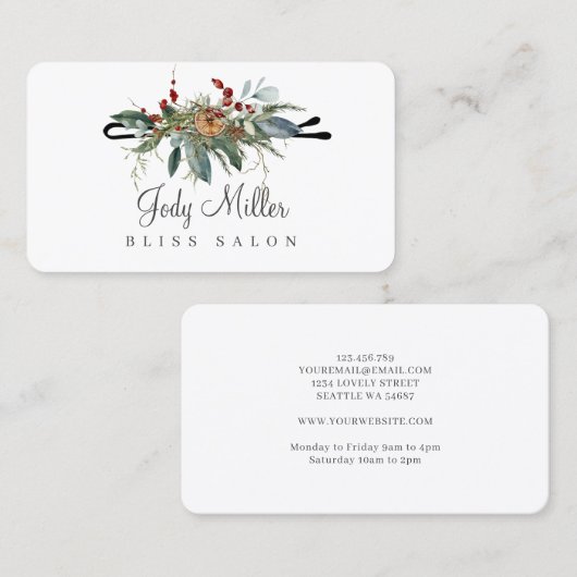 クリスマスウィンターグリーンリーボビーピンヘアサロン 名刺 (正面/裏面)