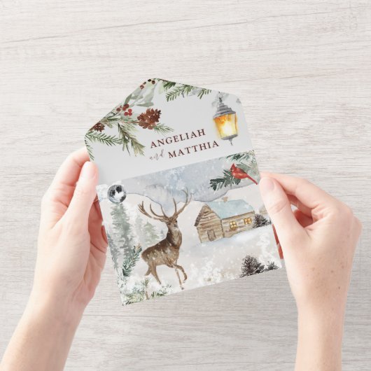 クリスマスウィンターグリーンリーレッド結婚(鳥)ショウジョウコウカンチョウ オールインワン招待状 (開いている状態)