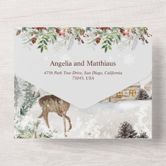 クリスマスウィンターグリーンリーレッド結婚(鳥)ショウジョウコウカンチョウ オールインワン招待状 (裏面)