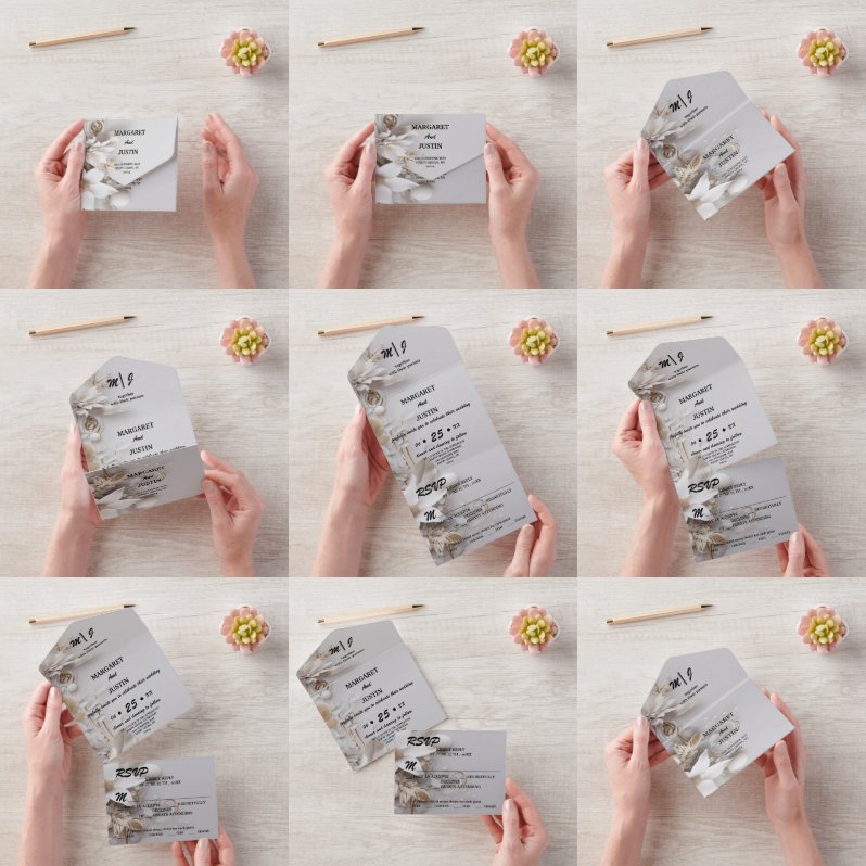 クリスマスウィンターシルバーフラワーヴィンテージウェディング オールインワン招待状