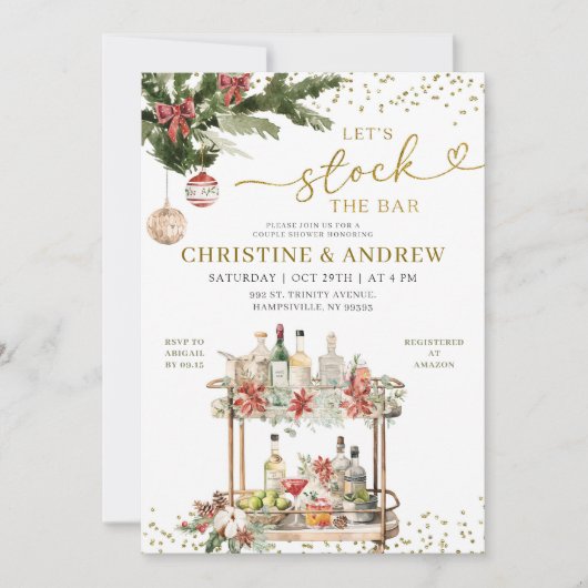 クリスマスウィンターストックザバーカップルのシャワー 招待状 (正面)
