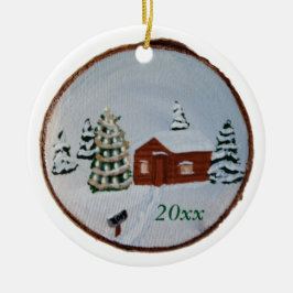 クリスマスウィンタースノーシーンキャビンの木々のオーナメント セラミックオーナメント