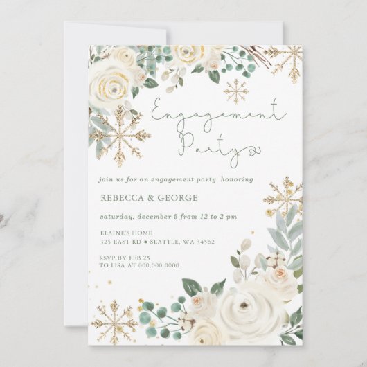 クリスマスウィンタースノーフレークフローラ婚約 招待状 (正面)