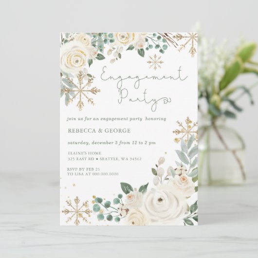 クリスマスウィンタースノーフレークフローラ婚約 招待状 (スタンド正面)