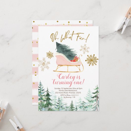 クリスマスウィンターズライオーwhatおもしろいファースト誕生日 招待状 (正面/裏面インサイチュ)