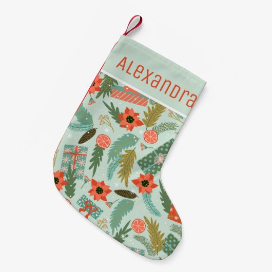 クリスマスウィンターセージグリーンレッドポインセチア名 スモールクリスマスストッキング (正面 (吊り時))