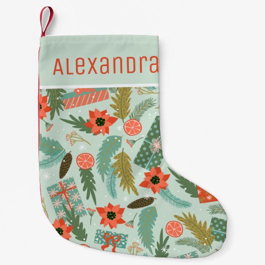 クリスマスウィンターセージグリーンレッドポインセチア名 スモールクリスマスストッキング (正面)