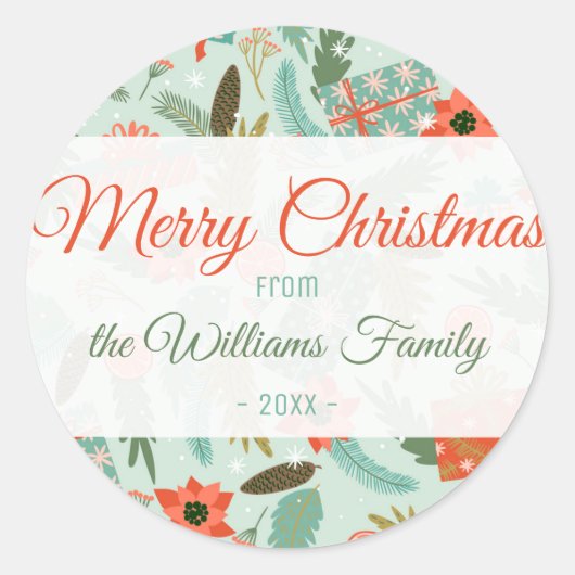 クリスマスウィンターテーマセージグリーンレッドポインセチア ラウンドシール (正面)