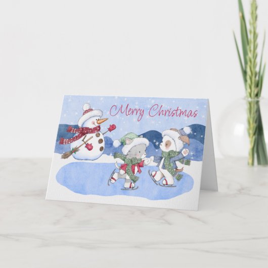 クリスマスウィンタードッグキャット雪だるまクリスマスカード サンキューカード (正面)