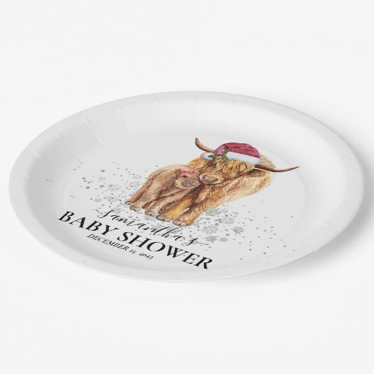 クリスマスウィンターハイランド牛ふくらはぎ赤ちゃんシャワー ペーパープレート (アングル)