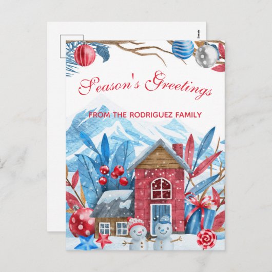 クリスマスウィンターハッピーランドの水彩 シーズンポストカード (正面/裏面)