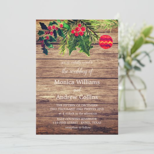 クリスマスウィンターパインツリーウォーターカラーウッド結婚ズ 招待状 (スタンド正面)