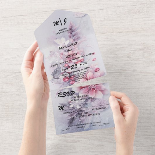 クリスマスウィンターパープルフラワーヴィンテージウェディング オールインワン招待状 (貼ってはがせる)